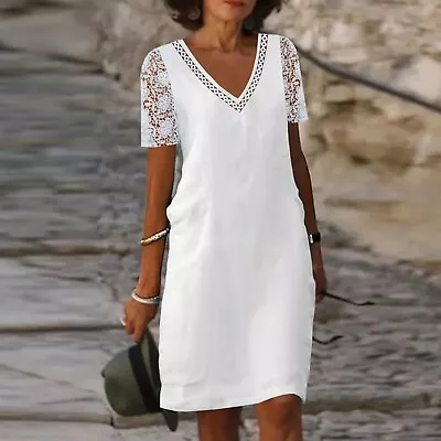 Ladies Summer Cotton Linen Dress Embroidered Lace Solid Short Sleeve Party Dress • $15.99