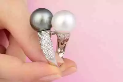 Gorgeous Black & White Twin Pearls With Old Mine Cut Cubic Zirconia Unique Ring • $225