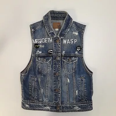 VTG Distressed Denim Vest Heavy Metal Rock Bands Dio Megadeth Wasp Size M 1980s • $98