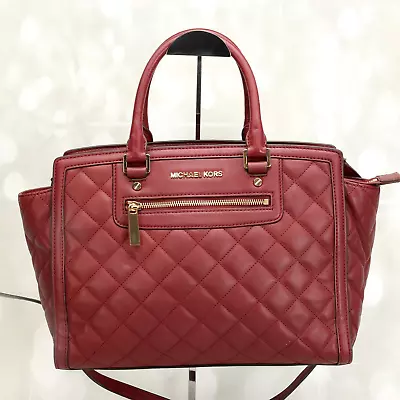 Michael Kors Womens Selma Crossbody Satchel Handbag Med Burgundy Quilted Leather • $53.99