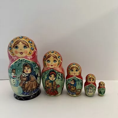 Vintage 5 Piece Matryoshka Wooden Russian Nesting Doll Set Women Winter Scene • $59
