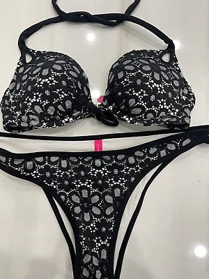 Victoria’s Secret 34C Bombshell Push Up +2 Cup Lace Bikini Top Cheeky Bottoms L • $54.99