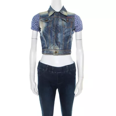 DSquared2 Indigo Distressed Faded Effect Contrast Sleeve Cropped Denim Vest S • $191.10