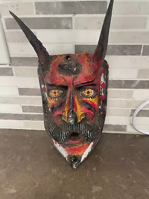 Vintage Mexican Mask Folk Art Hand Painted Wood Face With  Devil Horns • $29.99