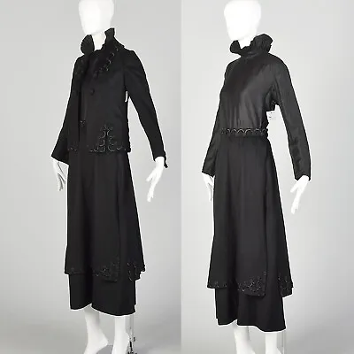 1910s Edwardian Walking Suit Black Wool Cotton Three Piece Ensemble Jacket VTG • $1188