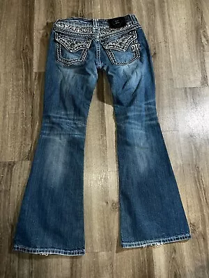 Miss Me Jeans Womens 27 Blue Flare Distressed Flap Pockets Jeweled Stitching VG • $24.99