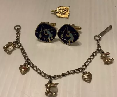 Vintage Jewelry Lot Cuff Links Fraternity Pin Charm Bracelet Lot • $19.99
