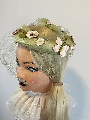 Vintage Light Green Netted With Pink Butterflies Rhinestones Flowers Hat   • $30