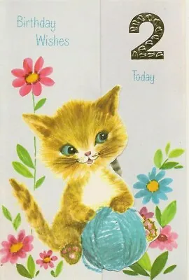 2nd Happy Birthday Girls Vintage Greeting Card 2 Years Old Cute Flower Cat • £1.99