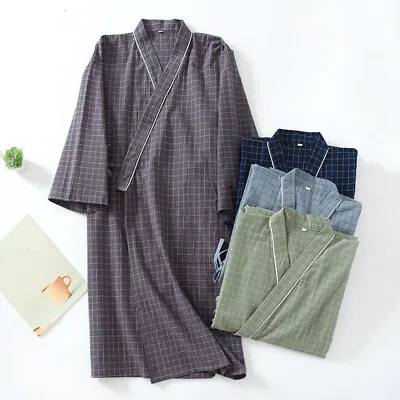 Men Kimono Bath Robe Japanese Pajamas Yukata Home Lounge Sleep Wear Cotton Plaid • £28.70