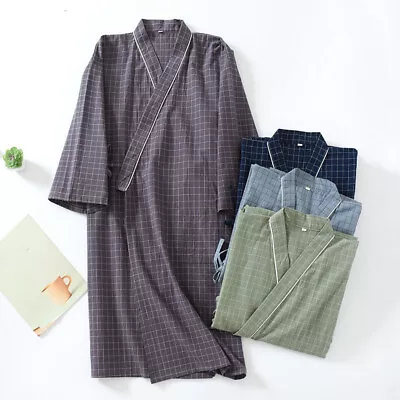 Men Kimono Bath Robe Japanese Pajamas Yukata Home Lounge Sleep Wear Cotton Plaid • $25.32