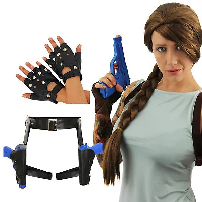 Tomb Raider Lara Croft Fancy Dress Costume Wig Guns Holster Gloves Halloween • £18.99