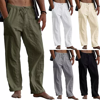 Mens Beach Loose Cotton Linen Pants Yoga Drawstring Elasticated Trousers Summer • $17.75