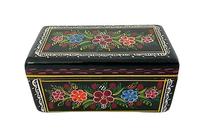 Hand Painted Folk Mexican Wood Box Black W/Flowers • $25