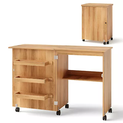 Folding Sewing Craft Table Shelf Storage Cabinet Home Furniture W/Wheels Natural • $99.99