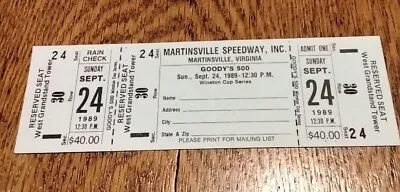 Vintage NASCAR Martinsville Speedway Unused Ticket September 24 1989 Goodys 500 • $20