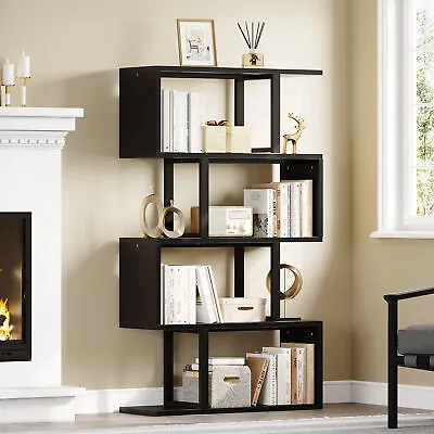 5 Tier Wood Geometric Bookcase S-Shaped Display Bookshelf Storage Room Divider • $68.39
