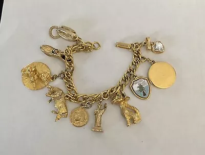 Vintage Gold Tone Charm Bracelet W/10 Charms! Cat Phone Blank Disc Rhinestone • $24.99