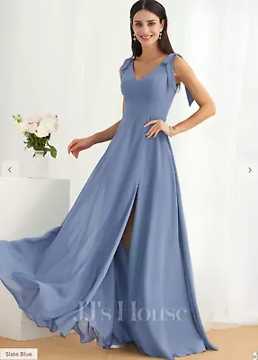 V-Neck Maxi Bridesmaid Dress With Bow Split Front Slate Blue Grey Size 14 • £54