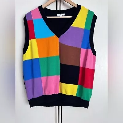 BP Patchwork Sleeveless Sweater V-neck Colorful Cotton Blend Knit Size Large • $38