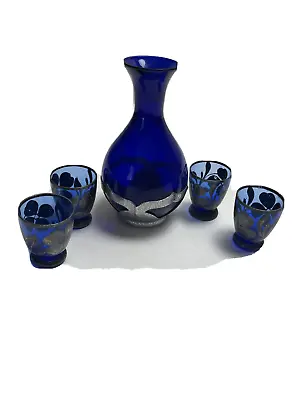 Vintage Farber Bros Blue Cobalt Chrome Decanter Four Shot Glasses • $74.99