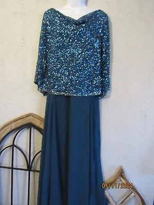 JKara Nwt 12 Teal Gown Sheer Sequined Top Over Gown 3/4 Sleeves Mother Of Bride • $54
