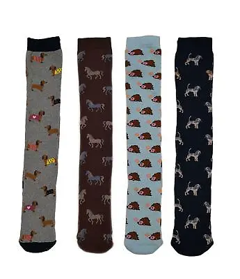 £9.99 • Buy 4 Pairs Of Womens Welly Socks Cotton Rich Long Animal Wellington Boot Sock 4-7