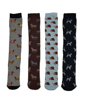 4 Pairs Of Womens Welly Socks Cotton Rich Long Animal Wellington Boot Sock 4-7 • £9.99