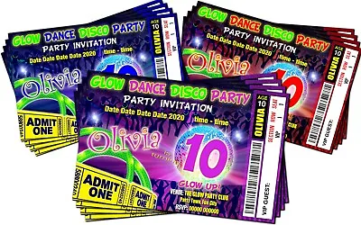 GLOW NEON UV DANCE PARTY Personalised Birthday Invitations X4 Red Purple Blue • £2.85