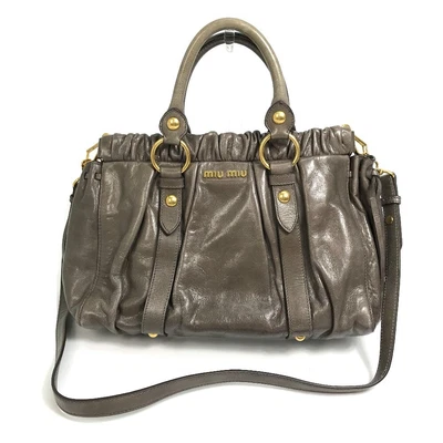 $240 • Buy MIUMIU VITELLO LUX 2WAY Hand Bag Gray Beige RT0383
