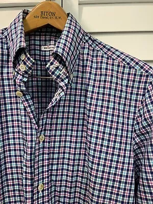 KITON Men’s L Blue Purple Plaid L/S Cotton Collared Dress Shirt - GUC • $50