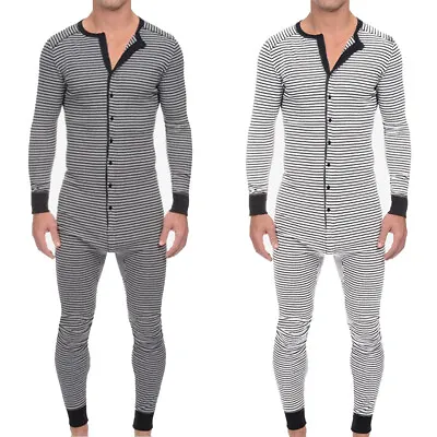 Men Striped One Piece Jumpsuits Nightwear 1onesie Pyjamas Long Sleeve Pajamas • $40.59