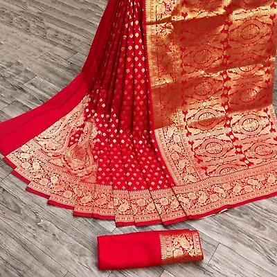 $90.74 • Buy Banarasi Katan Silk Sari Party Wear Indian Pakistani Wedding Saree Unstiche BL