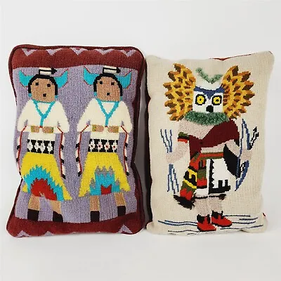 2 Vintage Native American Needlepoint Pillows Navajo Yei Kachina Hopi 11  X 16  • $89.95