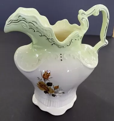 Vintage Arnel's Large Ceramic Water Pitcher (10.5 ) White & Green W Rose • $27.50