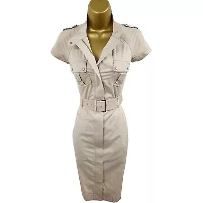 KAREN MILLEN 6 UK Beige Safari Military Trench Shirt Style Shift Zip Dress • £59.99