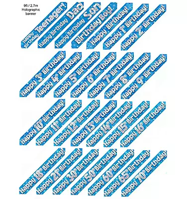 9ft Holographic Foil Banner Blue Silver Birthday Party Wall Door Decoration • £1.88