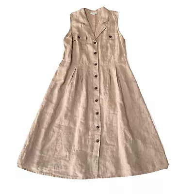 J Jill Love Linen Shirt Dress Medium Beige Midi Lagenlook Pockets Sleeveless • $29.98