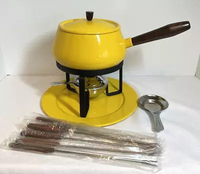 Vintage Porcelainized Yellow 2 Quart Fondue Pot With Wood Handle Six Forks MCM • $49.96