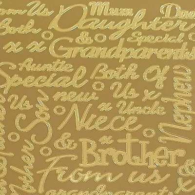 FAMILY CARD STICKERS Gold Outline Peel Off Scrapbook Craft Mum Dad Niece Nephew • £3.48