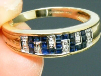 9ct Gold Sapphire & Diamond Greek Key Design Hallmarked Ring Size P • $291.98