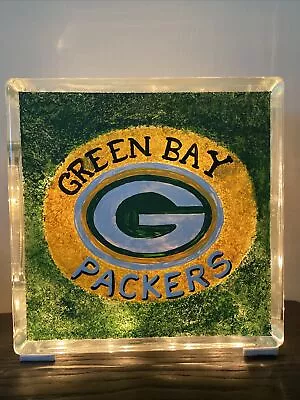NFL Green Bay Packers Logo Handpainted Glass Block Square Accent Light • $19