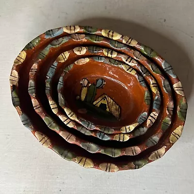 Vintage Set Of 4 Orange Red Clay Painted Oval Mexican Pottery Nesting Bowls • $69.99