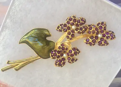 Vintage KARL LAGERFELD Amethyst Crystal Large Floral Brooch W/ Enamel Leaf WOW! • $550