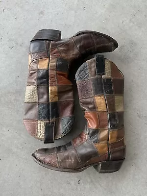 Rare Vintage 60s 70s  Western Boots Patchwork Leather Cowboy Men's 10 Handmade • $149.99