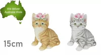 2x 15cm Sit Cat Floral Headband Kitten Garden Ornament Figurine Statue Sculpture • $55.99