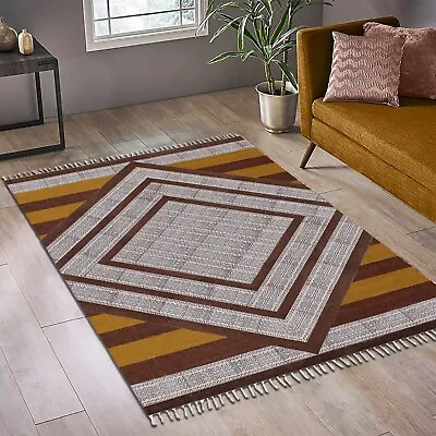 Hand Woven Cotton Dhurries Living Room Mat Kitchen Brown Kilim Bedroom Area Rug • $110.77