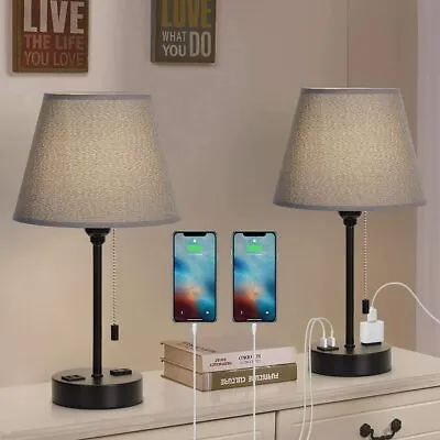 $40.99 • Buy Modern Set Of 2 Table Desk Lamp W/ AC Outlet/Dual USB Charging Port Bedside Lamp