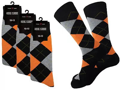 3 Pairs Men's Argyle Formal Fashion Orange Wedding Dress Socks Size 10-13 • $11.99