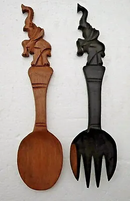 Beautifully Hand Carved Wooden  African Salad Servers * Elephants * Ebony • £18.99